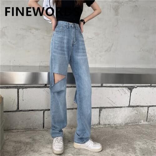 FINEWORDS Korean Blue Ripped High Waist Jeans Wide Leg Boyfriend Distressed Jeans Vintage Straight Streetwear Casual Loose Jeans