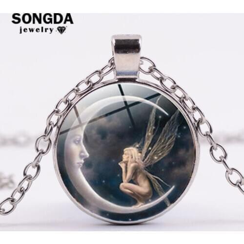 SONGDA Graceful Pixie Angel Necklace Moon Fairy Art Photo Glass Cabochon Pendant Baby Girls Long Necklace Colares Birthday Gift