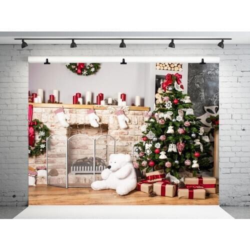 VinylBDS Christmas Indoor Backdrops photography Christmas Tree Bear Photographie Background Brick Wall Fireplace for Photo
