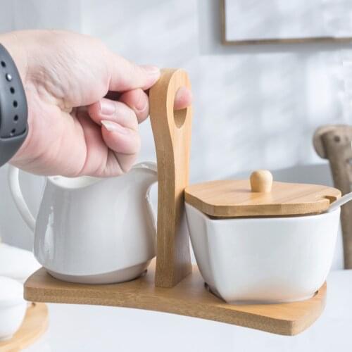 Ceramic milk pot Ceramic coffee creamer cup Heart shaped sugar bottle Bamboo tray and lid Pour kettle milk jug milk jug