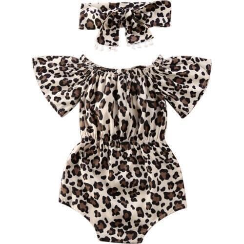 0-24M Infant Baby Girls Boys Jumpsuits Leopard Print Ruffles Short Sleeve Bodysuits Headband 2pcs