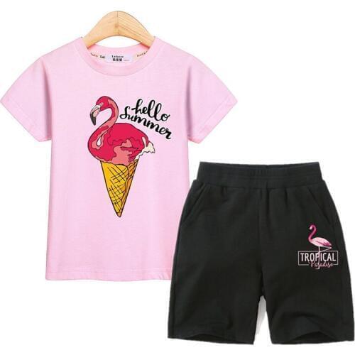 Flamingo Funny Design Costume Girl T-shirt Tops Tees 2pc Set Short Sleeve 100% Cotton Costume Baby Girl Summer Outfits Suit