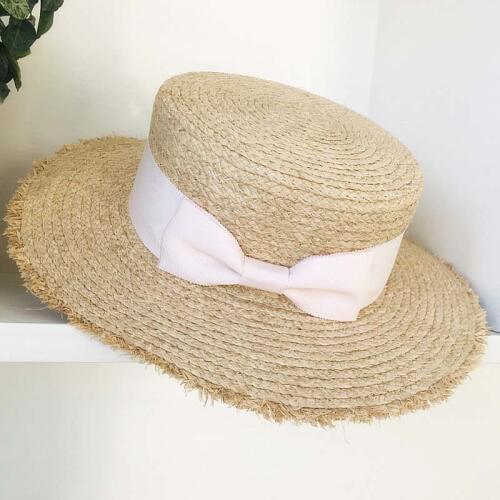 Fashion Breathable Wide Brim Raffia Straw Hat Flat Boater Beach Sun Hat Ribbon Bow Women Lady Summer Hat Dropshipping Wholesale