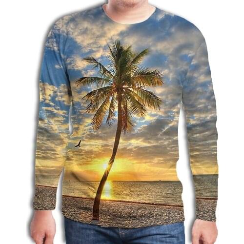 Four Seasons Fashion New Mens Picturesque Coconut Tree Pattern 3D Printing Mens Long Sleeve Casual Cool Shirt