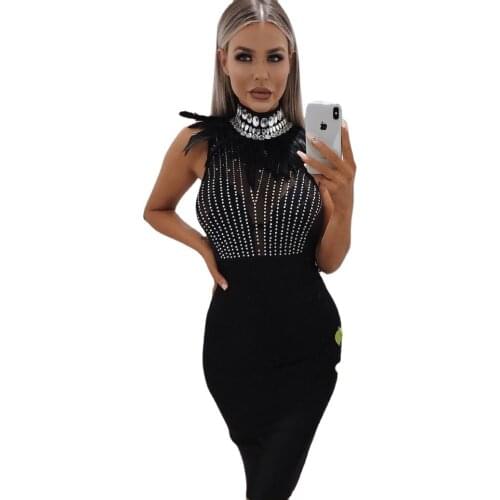 2019 new women hot drilling rhinestones stand neck sleeveless mesh splicing bodycon midi dress knee length party vestidos CY8013