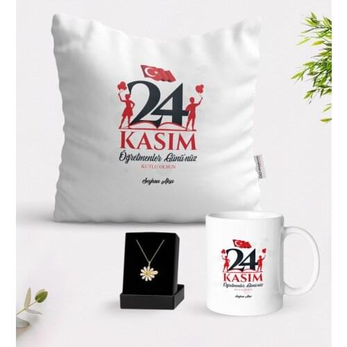 Personalized Teachers Days Happy White Mug Cushion and Is Daisy Necklace Gift Seti-2