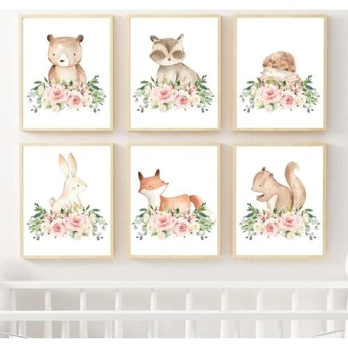 Flower bear raccoon rabbit squirrel hedgehog Nordic posters and prints wall art canvas painting wall pictures childrens room de
