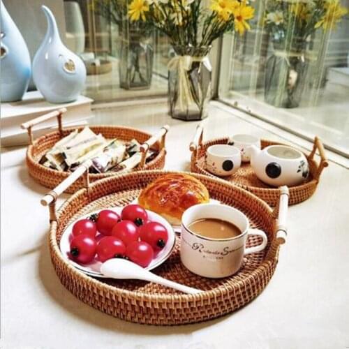 Handwoven Rattan Round Wicker Basket With WoodHandle Storage Bread Food Plate Fruit Cake Platter Dinner Serving Tray Coffee Tea