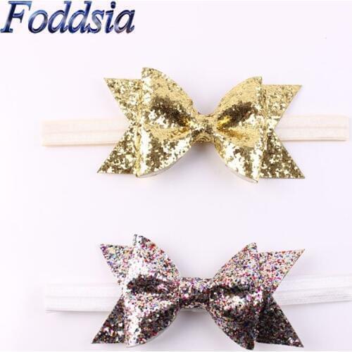 Foddsia 2pcs Newborn Gold Silver Bow Glitter Elastic Headband For Girls Hair Accessories Pretty Kids Headbands Hairband A53