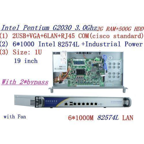 Broadband VPN Router 1U Firewall Server with 6*1000M Gigabit lan Intel G2030 3.0G 2G RAM 500G HDD 2*bypass Support