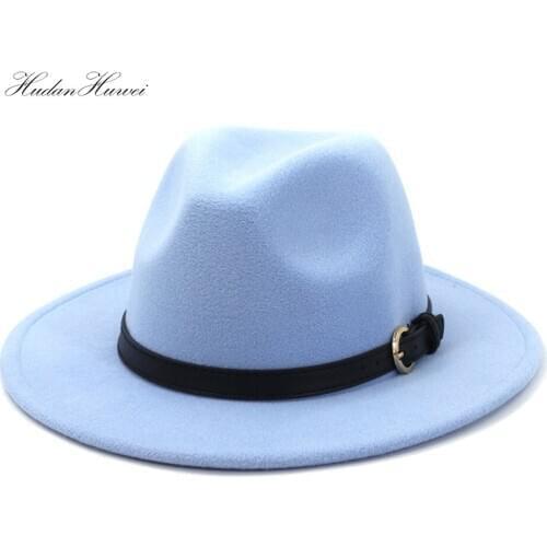 Fall Winter Women Men Elegant Woolen Felt Fedora Hat British Classic Solid Green White Black Pink Hat