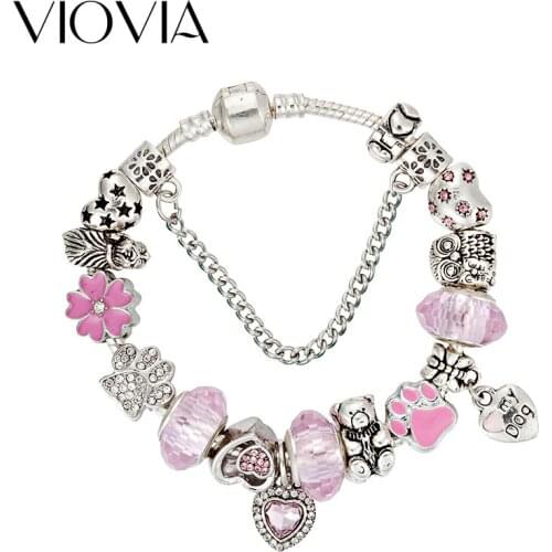 VIOVIA Cute Pet Dog Charm Bracelet for Women Girls Gift Fashion Brand Crystal Beads Fit Original Bracelet Bangles Jewelry B17040