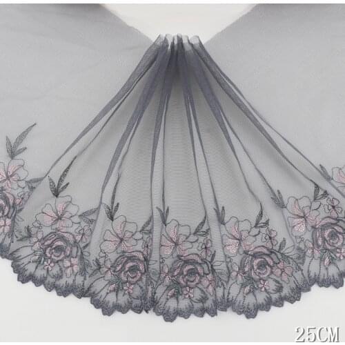 2Yds Embroidered Lace Edge Trim Ribbon Applique DIY Sewing Craft Grey Black Fabric Edging Trimmings Vintage Wedding Dress