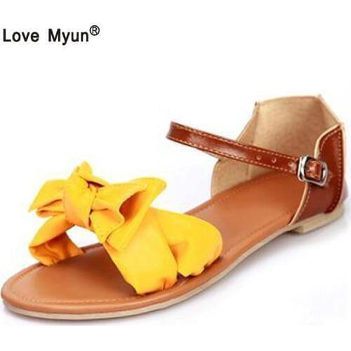 Women sandals bohemia bowknot ankle wrap flat sandals brand fashion ladies footwear shoes large size 31-45