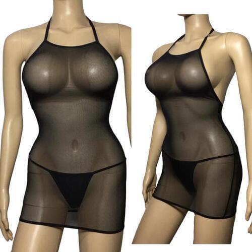 Women Sexy Lingerie See-Through Mesh Bodycon Tight Fit Halter Mini Dress with Thong Peekaboo Babydoll Night Wear