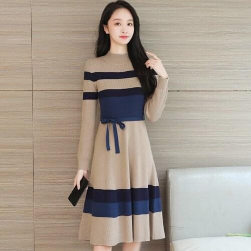 New Arrival 2020 Autumn Winter Women Warm Base Dress Korean Fashion Contrast Color Striped Slim Knitted Sweater Dress