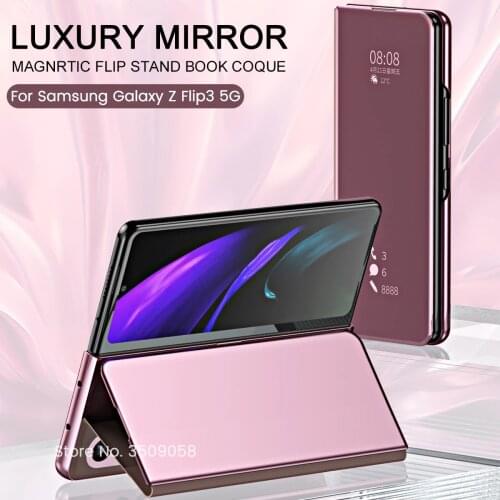 Coque Z Fold 3 5G Funda Flip Case For Samsung Galaxy Z Fold3 5G 2021 Mirror Clear View PU Leather Shell Phone Case Cover Capas