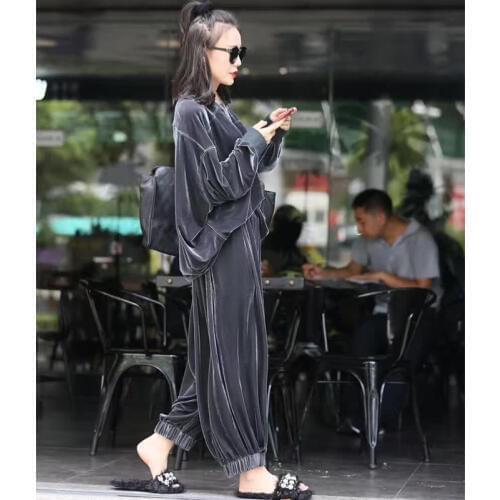 European and American fashion spring and autumn and winter gold velvet bat shirt big yards wide leg pants casual tracksuit suit