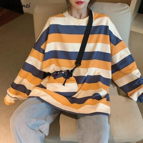 Long Sleeve T-shirts Women Sweet Ins BF Couple Tees Womens Colored Striped Chic Thin Loose All-match Tops Streetwear Harajuku