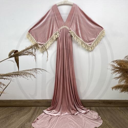 Kaftan Boho Maxi Long Bell Sleeves White Edge Maternity Dress Pregnant Velvet Gown for Woman Photography Prop Baby Shower Gift