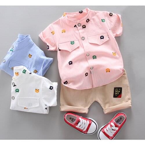 Cute Baby Boy Clothes Summer Set 2021 New Cartoon Bear Print Short Sleeve Shirt + Shorts For 1 2 3 Years Kid Toddler Boy Outfit