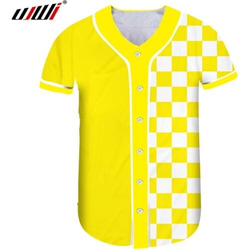 UJWI Summer Mens New Button T-shirt Short 3D Printing Yellow White Plaid Oversize Clothing Baseball Shirt Wholesale Vendors 5XL