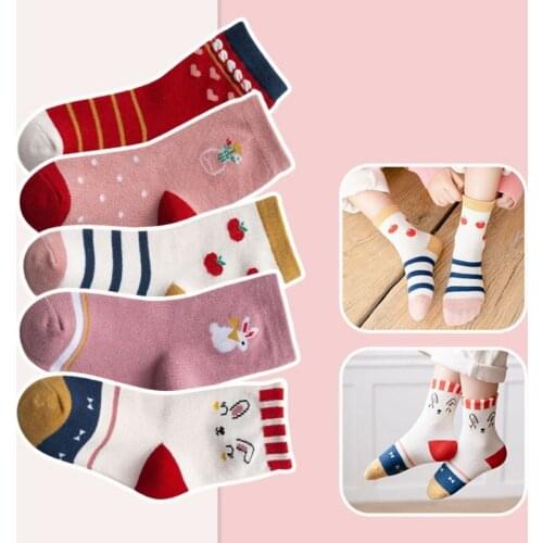 Autumn Spring 5PCS Children Socks Cotton Baby Girl Multiple Colour Printing Bow Cartoon Socks 1-12 Years