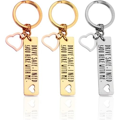 Stainless Steel Key Fashion Key Chain Drive Safe I Need You Good Driving Gift Double Ring Anti Falling Off Keychain Pouch