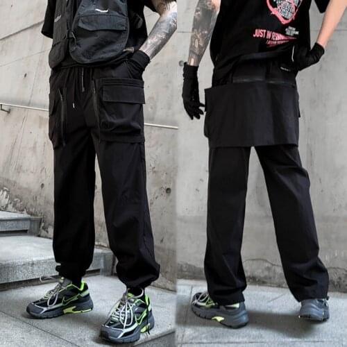 Stylish pants men Long Black color Punk rock clothes Zipper Big pockets Elastic waist Summer Autumn Spring