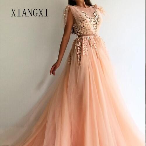 Blush Long Evening Dress 2020 Jewel Neck 3D Flower Tulle A-Line Evening Dresses Formal Party Dress Vestidos Robe De Soiree