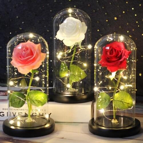 Home Decor Artificial Eternal Rose Beauty and Beast Rose In Glass Cover LED Light for Mother Valentines Day New Year Gift