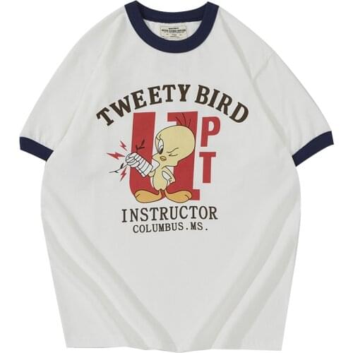 Cartoon Print Short Sleeve T-shirt Mens Summer Hit Color Stitching Half-Sleeve Casual Loose Round Neck Cotton Tee Men