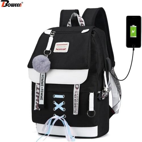 Large Canvas Usb Women Backpack Teenage Girls School Bags Black Big Bookbags Middle High College Teen Schoolbag Girl 2019 New