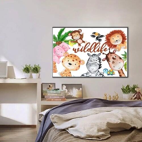 Baby Nursery Wild Life Animal Canvas Painting Leopard Deer Zebra Lion Monkey Hippo Poster Picture For Kids Baby Room Home Decor