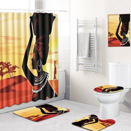 Fashion African Woman Pattern Polyester Shower Curtain Set Non Slip Rugs Carpet for Bathroom Toilet Flannel Bath Mat Set