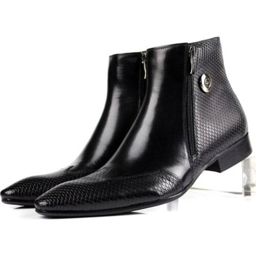 New Cowhide Pointed Toe Genuine Leather Fashion Mens Zipper Work Bullock Patterns Oxford Dress Shoes For Men Boots