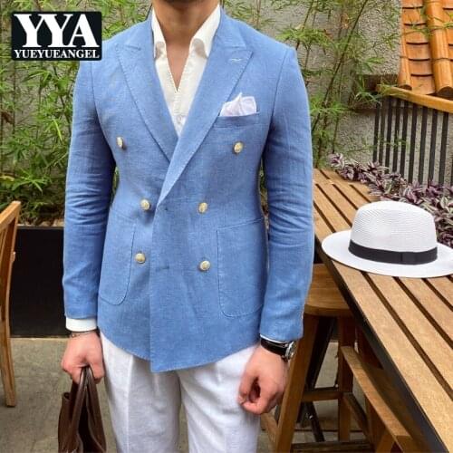 Summer Men Thin Linen Slim Casual Blazer Business Double Breasted Full Sleeve Suit Jackets Solid Color Daily Formal Coat Male