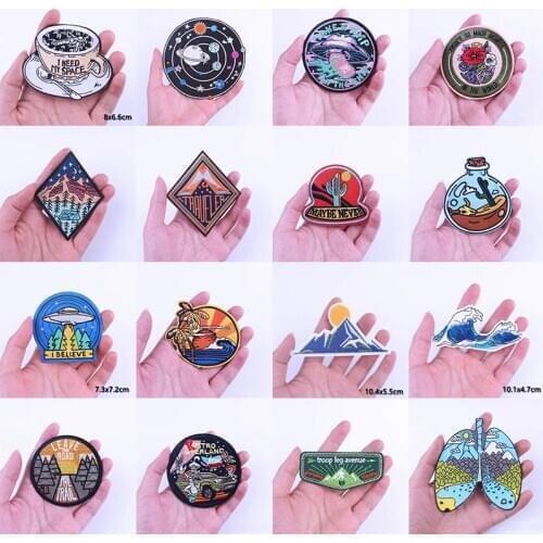 Outdoor Mountains Space Iron On Patches For Clothing Wave Camping Embroidered Patches On Clothes Natural Travel Embroidery Patch