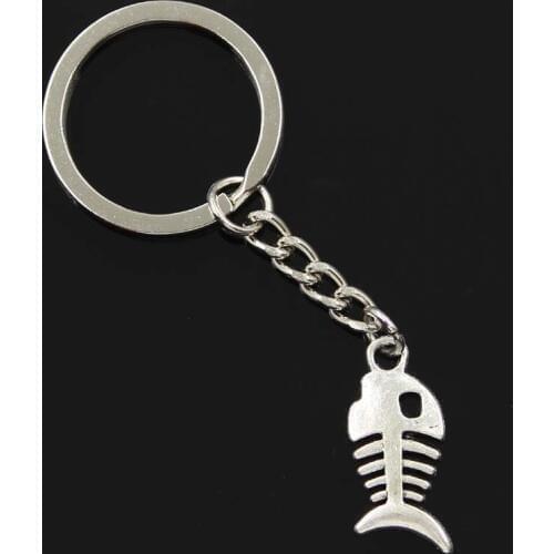 New Fashion Men 30mm Keychain DIY Metal Holder Chain Vintage Double Sided Fish Bone 27x12mm Silver Color Pendant Gift