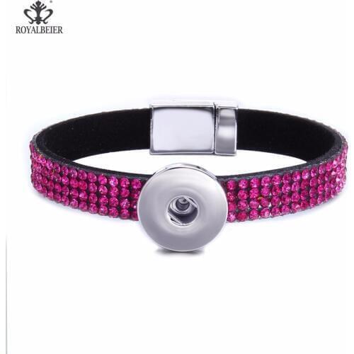 RoyalBeier New Leather Rhinestone Crystal Bracelet Fit 18mm Snap Button Bangle Metal Magnet Buckle Women Jewelry pulseira gift