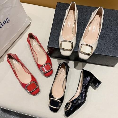 Ol Office Lady Shoes Women Pumps Patent Leather Med Heels Boat Shoes Single Shoes Chunky Heeled Dress Shoes Large Size 8355N