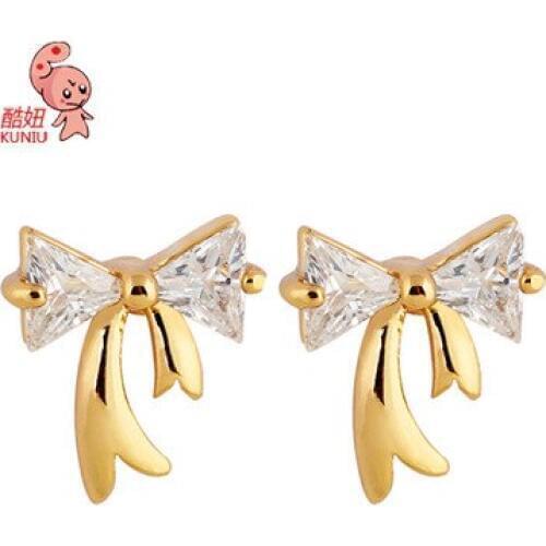 Kuniu bowknot shape stud earrings for women crystal metal material elegant charm style anniversary engagement fashion jewelry
