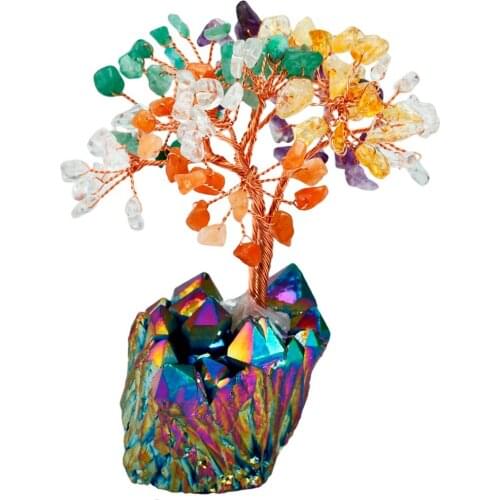 TUMBEELLUWA 4 Inch Colorful Money Tree,Rainbow Aura Titanium Crystal Cluster Base Bonsai Figurine for Wealth and Luck