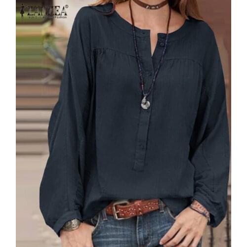 Womens Button Blouses ZANZEA 2021 Elegant Solid Shirts Casual Puff Sleeve Blusas Female Spring O neck Tunic Chemise