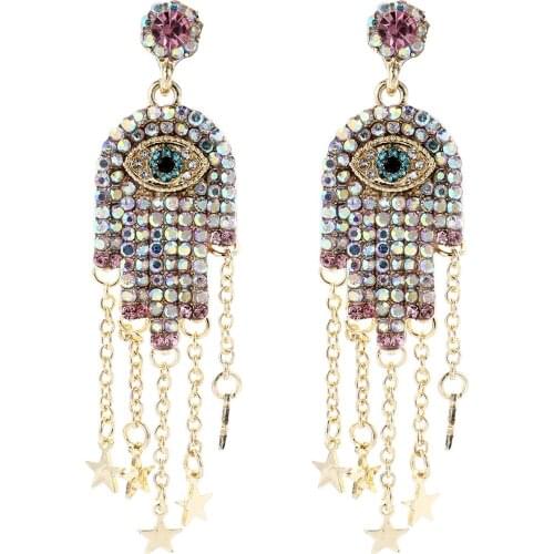 Gold Color Full Rhinestone Hand of Fatima Pendant Exaggerated Eye Drop Earrings for Women Bohemian Jewelry Wholesale