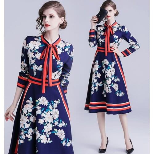 Womens Ladies Runway Designer Inspired Luxury Floral Tie Pearl Buttons Dress Fashion Printing Delicate Comfortable Simplicity