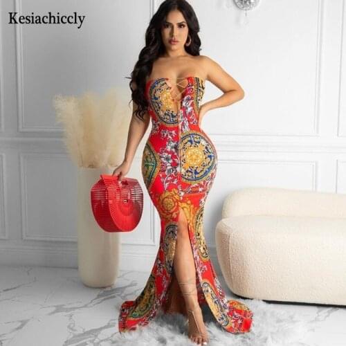 Kesiachiccly Sexy Party Club Strapless Printed Dress Women Bodycon Long Dress Summer 2021 Casual Backless Wrap Dress Fashion
