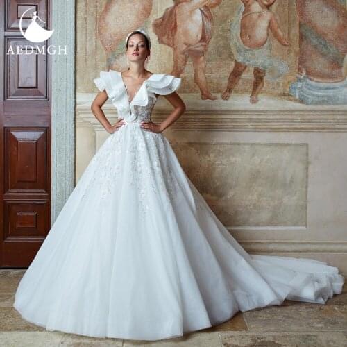Aedmgh Ball Gown Wedding Dresses 2021 Sweetheart Ruffles V-Neck Court Train Robe De Mariee Lace Appliques Charming Bridal Gown