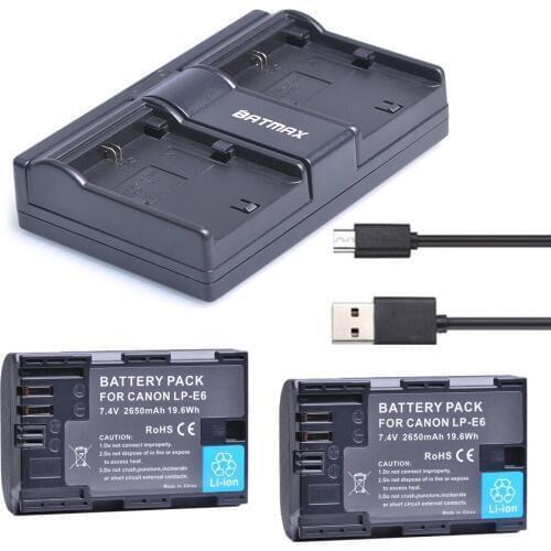2Pcs 2650mAh LP-E6 LP E6 Camera Battery + USB Dual Charger for Canon EOS 5D 5D2 5DS R Mark II 2 III 6D 60D 60Da 7D 7D2 70D 80D