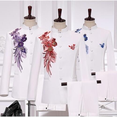 Sequins blazer men Chinese tunic suit set with pants mens wedding suits singer stand collar white stage cloth formal dress b347